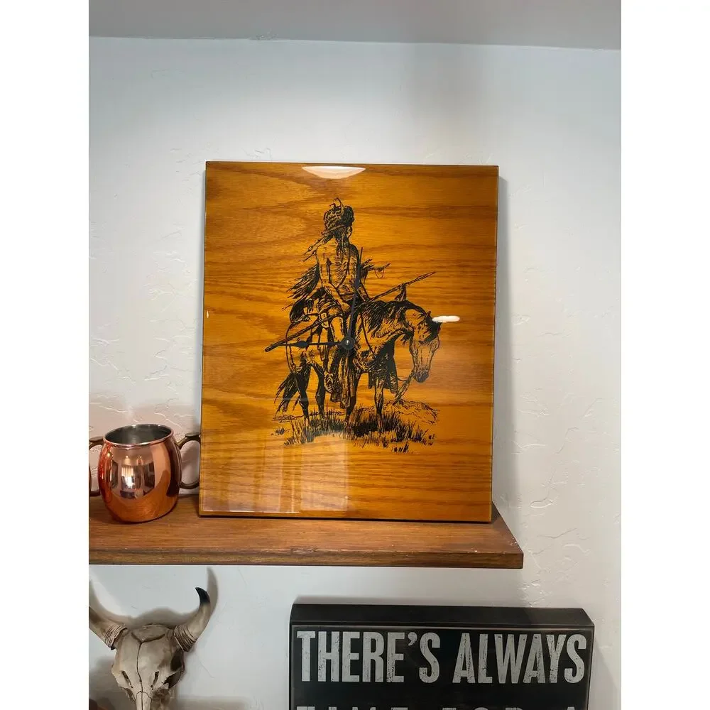 Vintage 70.s Shellaced Wood wall clock Indian on a Horse